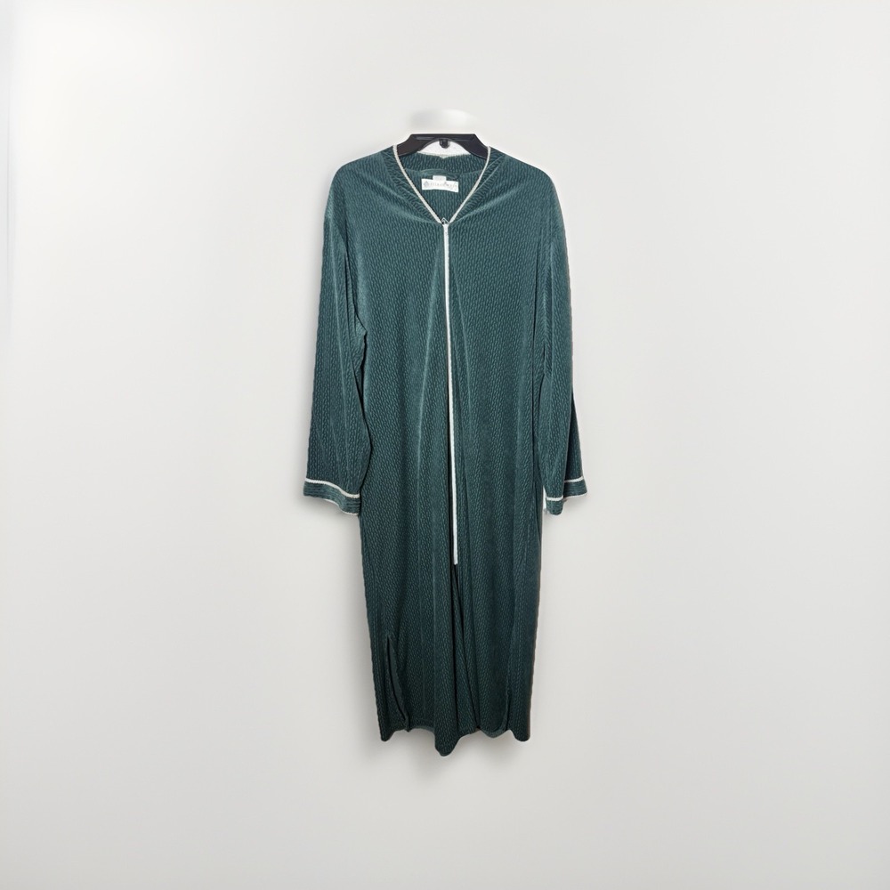 Vintage Eileen‎ West Green & Cream Trim Robe Size L Zip Front Cottagecore Lounge